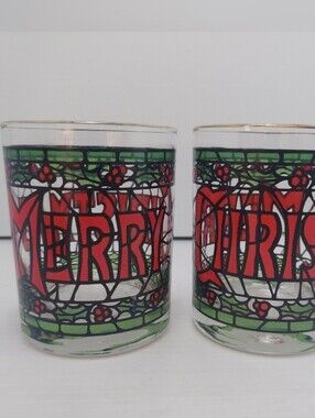 Merry Christmas Holiday Glass Tumblers Old Fasion Whiskey-Red & Green